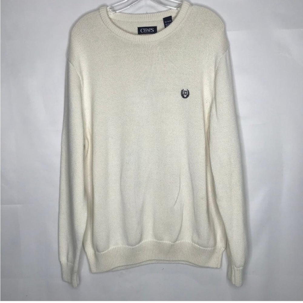 Chaps Men’s Sweater sz XL 100% Cotton Knit Cream Color Crest Classic Pull Over
